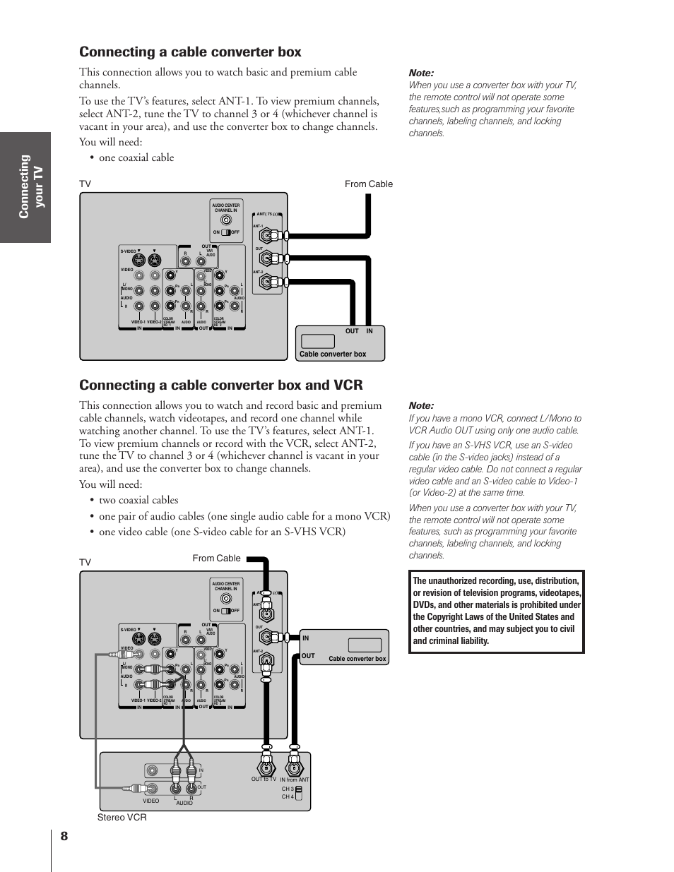 Cable converter box / and a vcr, Connecting a cable converter box, Connecting a cable converter box and vcr | Tv from cable tv from cable stereo vcr | Toshiba TheaterView 43H72 User Manual | Page 8 / 56