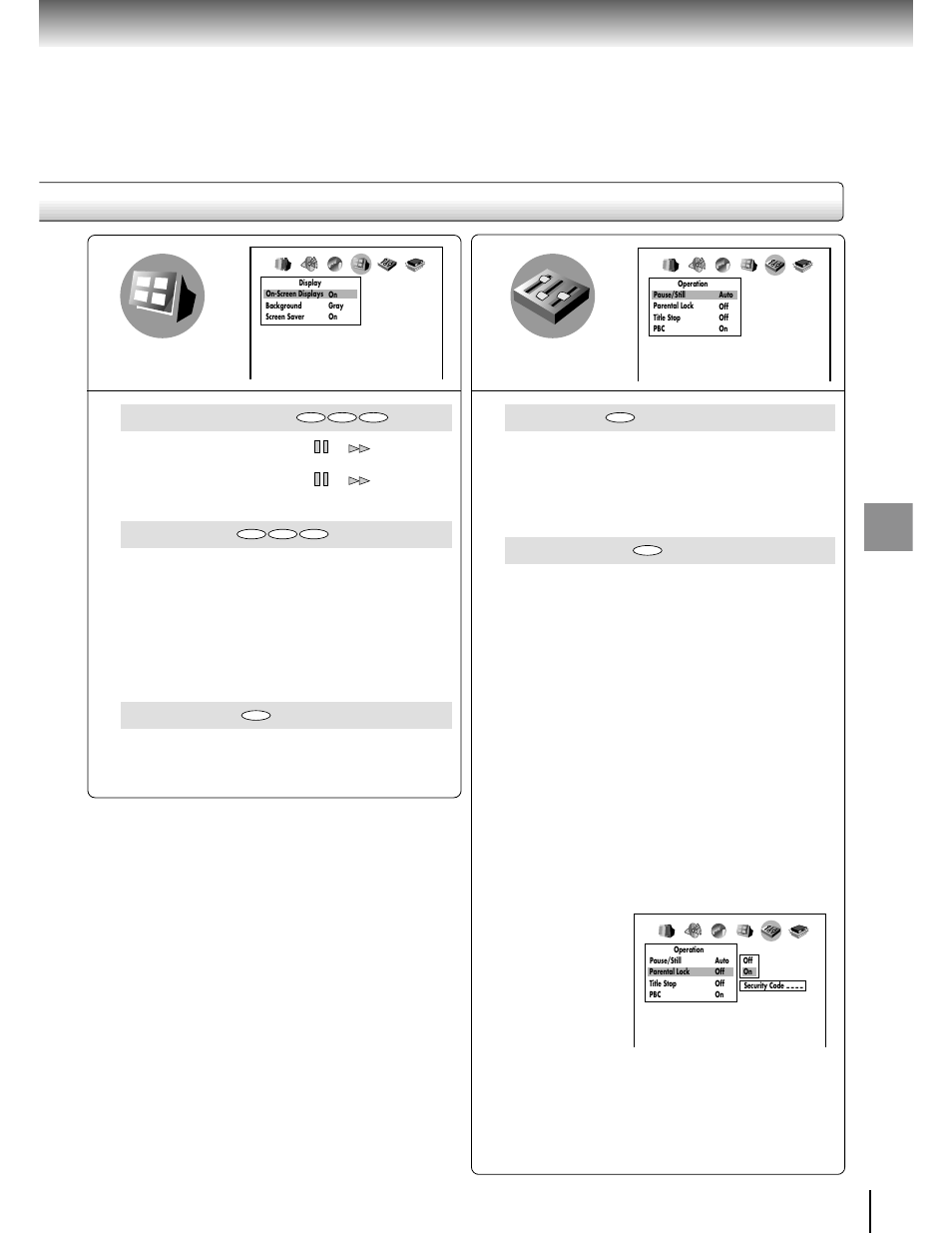 On-screen displays, Background, Screen saver | Pause/still, Parental lock, Function setup | Toshiba SD-2700 User Manual | Page 43 / 51