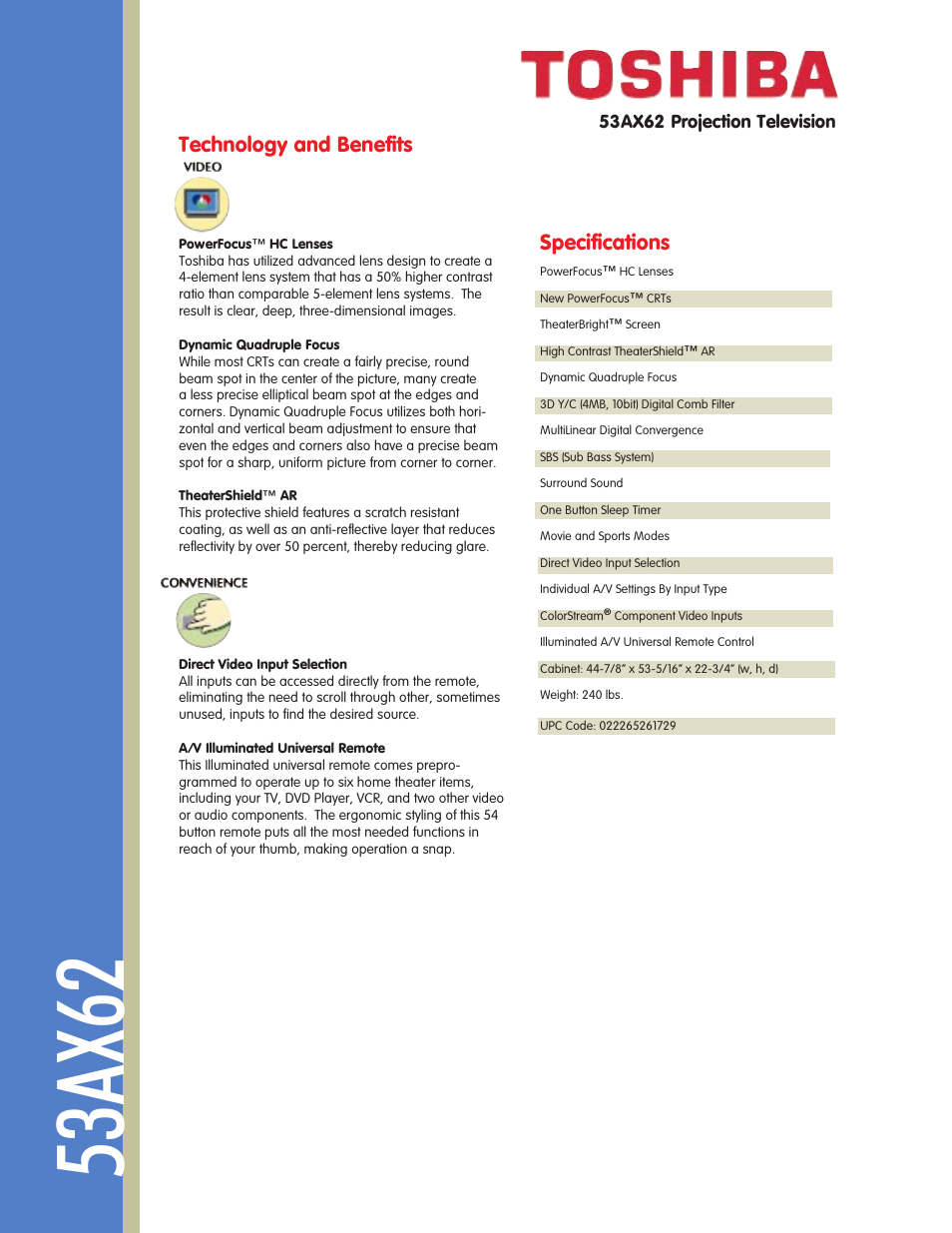 53ax62, Technology and benefits, Specifications | Toshiba 53AX62 User Manual | Page 2 / 2