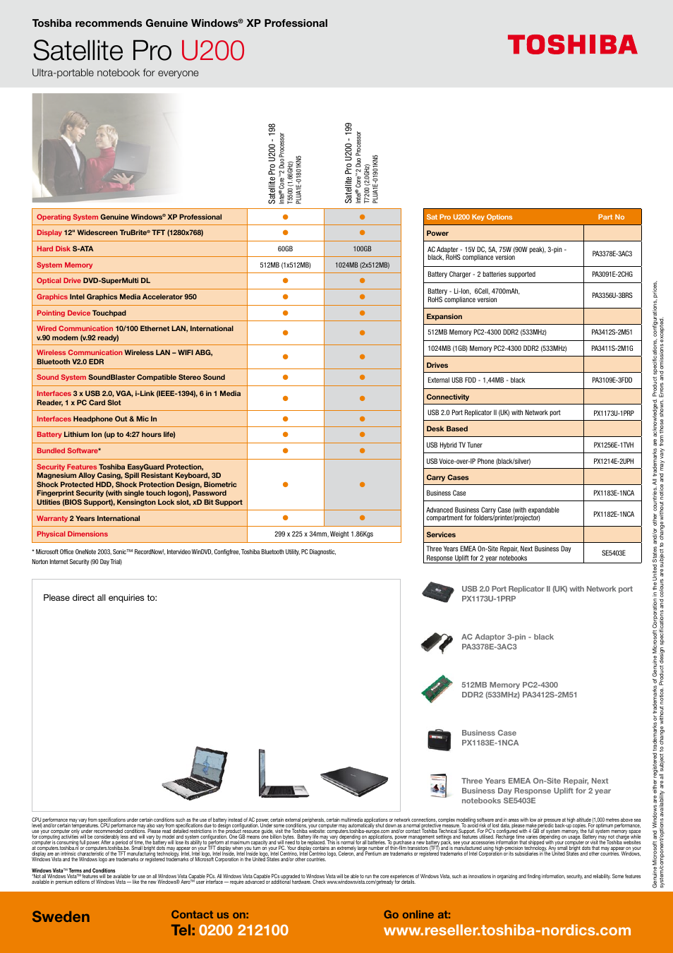 Satellite pro u200, Sweden, Contact us on | Go online at, Toshiba recommends genuine windows, Xp professional | Toshiba U200 User Manual | Page 2 / 2