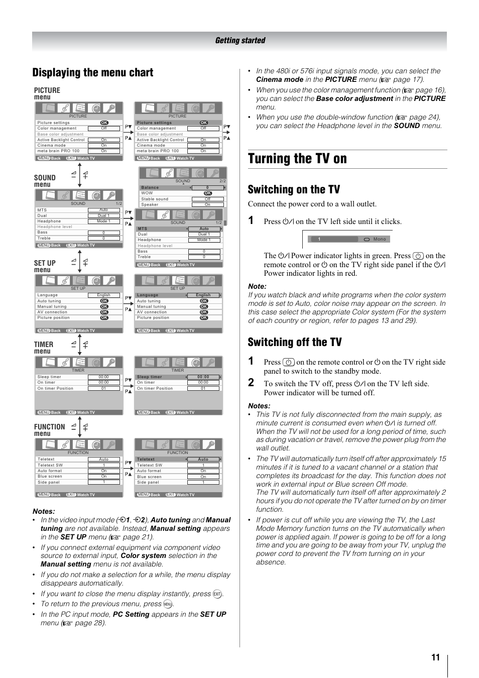 Turning the tv on, Displaying the menu chart, Switching on the tv | Switching off the tv 1, Getting started, Connect the power cord to a wall outlet | Toshiba 32WL68A User Manual | Page 11 / 32