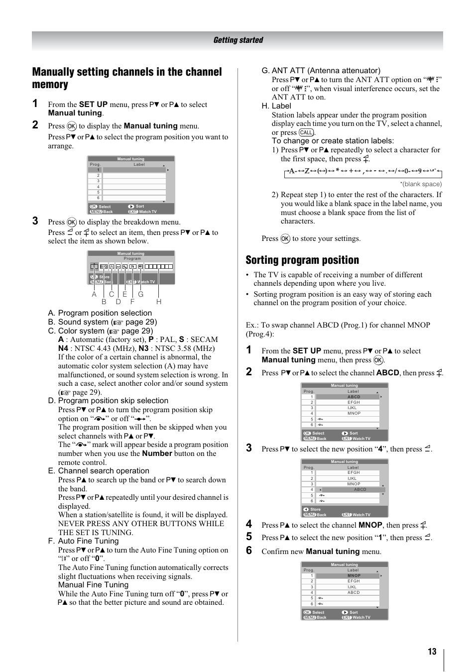 Sorting program position, Getting started, Press > to select the channel mnop , then press y | Confirm new manual tuning menu | Toshiba 32WL68A User Manual | Page 13 / 32