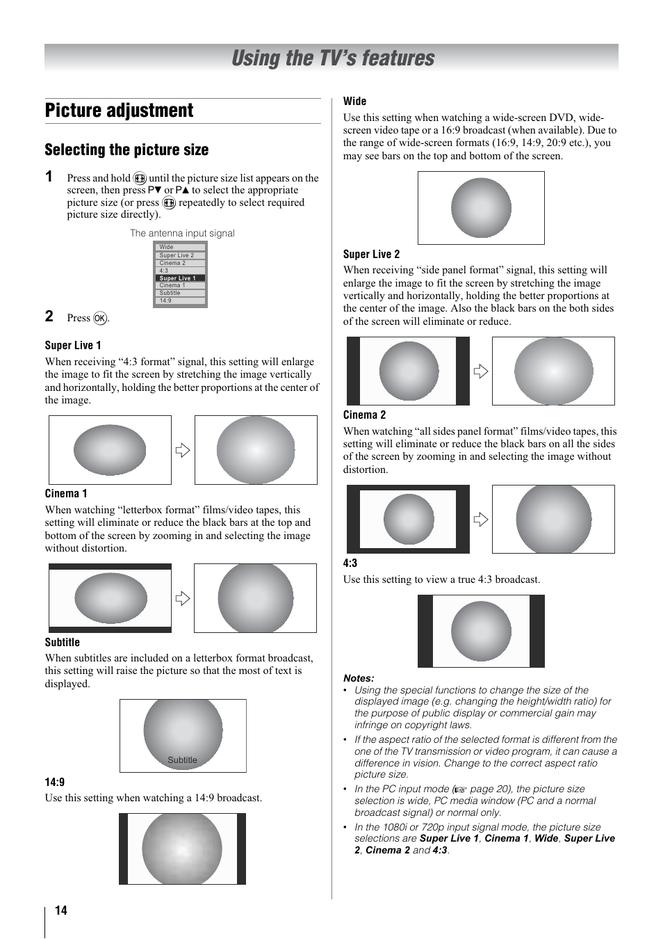 Using the tv’s features, Picture adjustment, Selecting the picture size 1 | Toshiba 32WL68A User Manual | Page 14 / 32