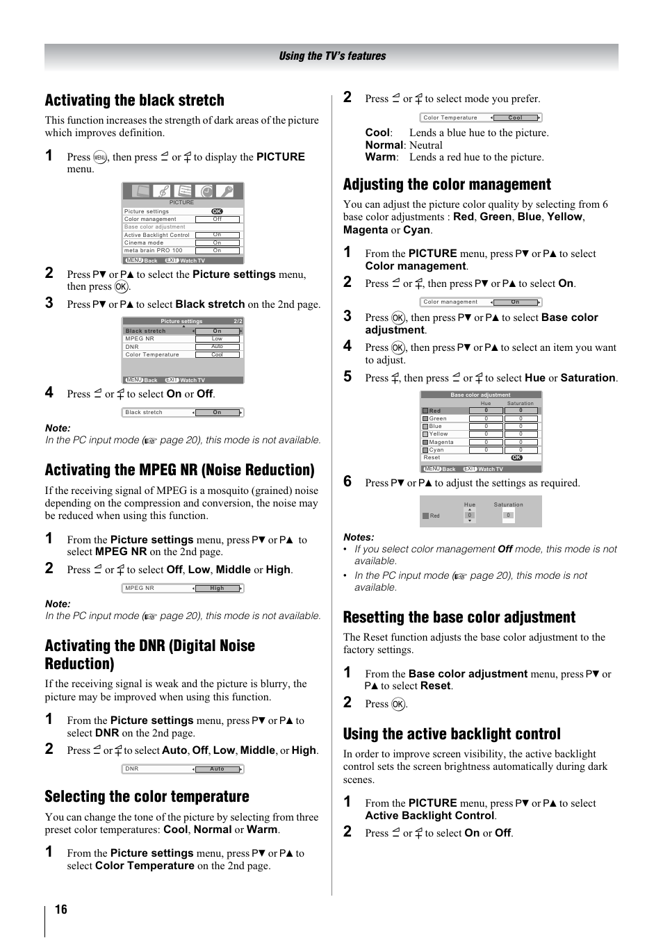 Activating the black stretch, Activating the mpeg nr (noise reduction), Activating the dnr (digital noise reduction) | Selecting the color temperature, Adjusting the color management, Resetting the base color adjustment, Using the active backlight control | Toshiba 32WL68A User Manual | Page 16 / 32