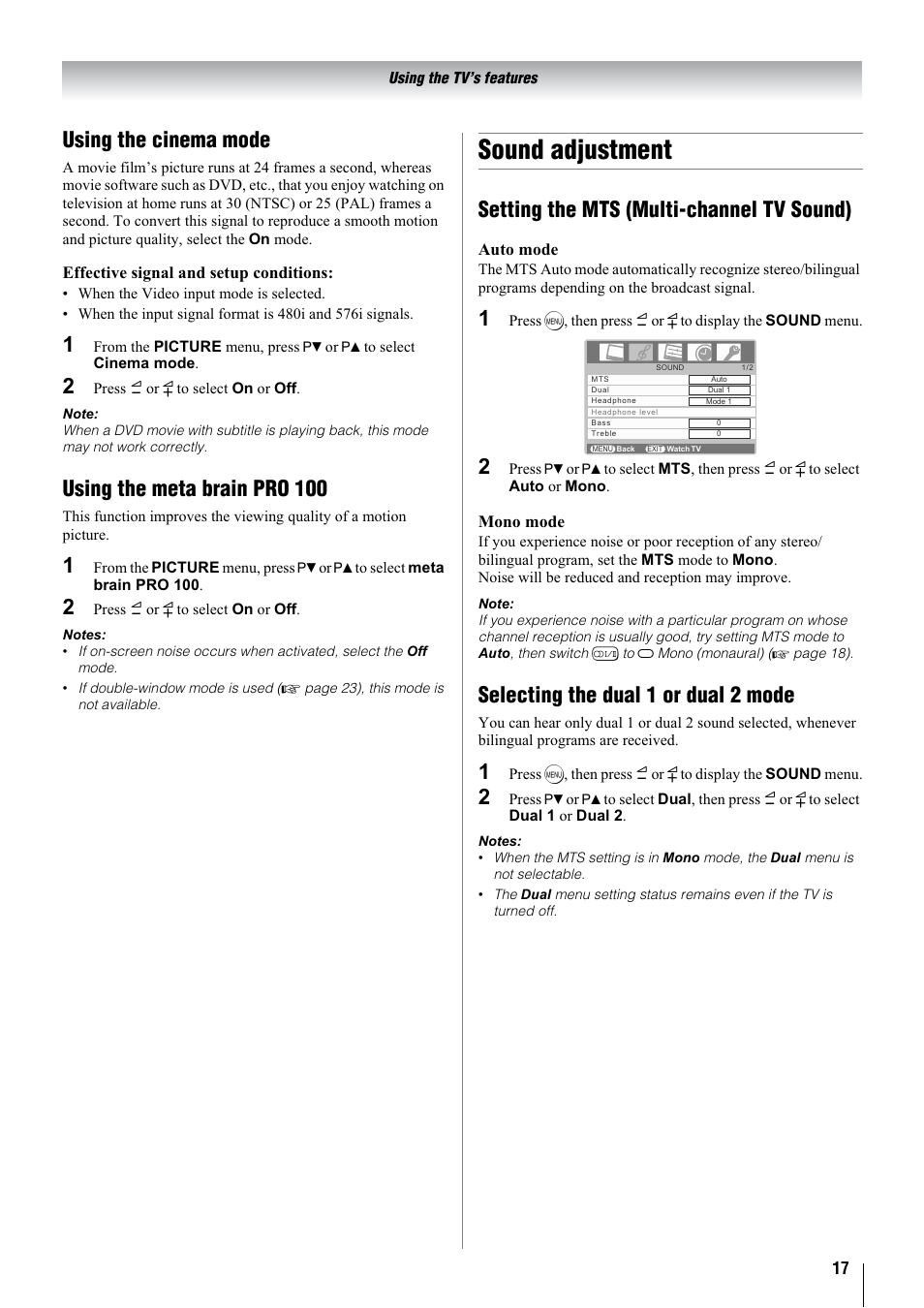 Sound adjustment, Using the cinema mode, Using the meta brain pro 100 | Setting the mts (multi-channel tv sound), Selecting the dual 1 or dual 2 mode | Toshiba 32WL68A User Manual | Page 17 / 32