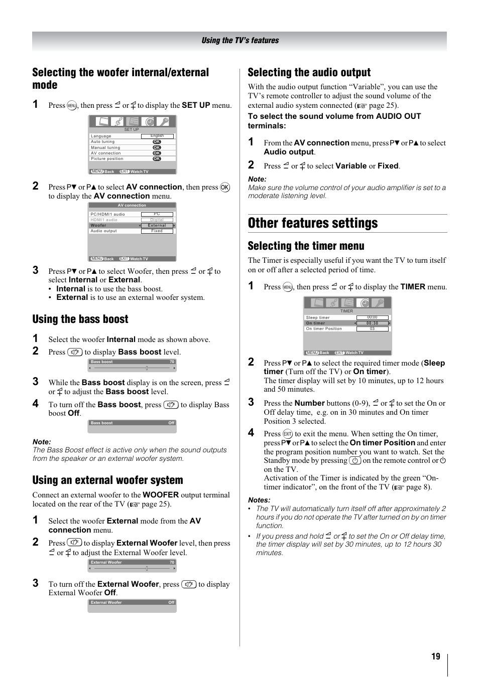 Other features settings, Selecting the woofer internal/external mode 1, Using the bass boost 1 | Using an external woofer system, Selecting the audio output, Selecting the timer menu | Toshiba 32WL68A User Manual | Page 19 / 32