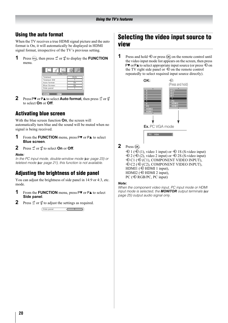 Selecting the video input source to view, Using the auto format, Activating blue screen | Adjusting the brightness of side panel | Toshiba 32WL68A User Manual | Page 20 / 32