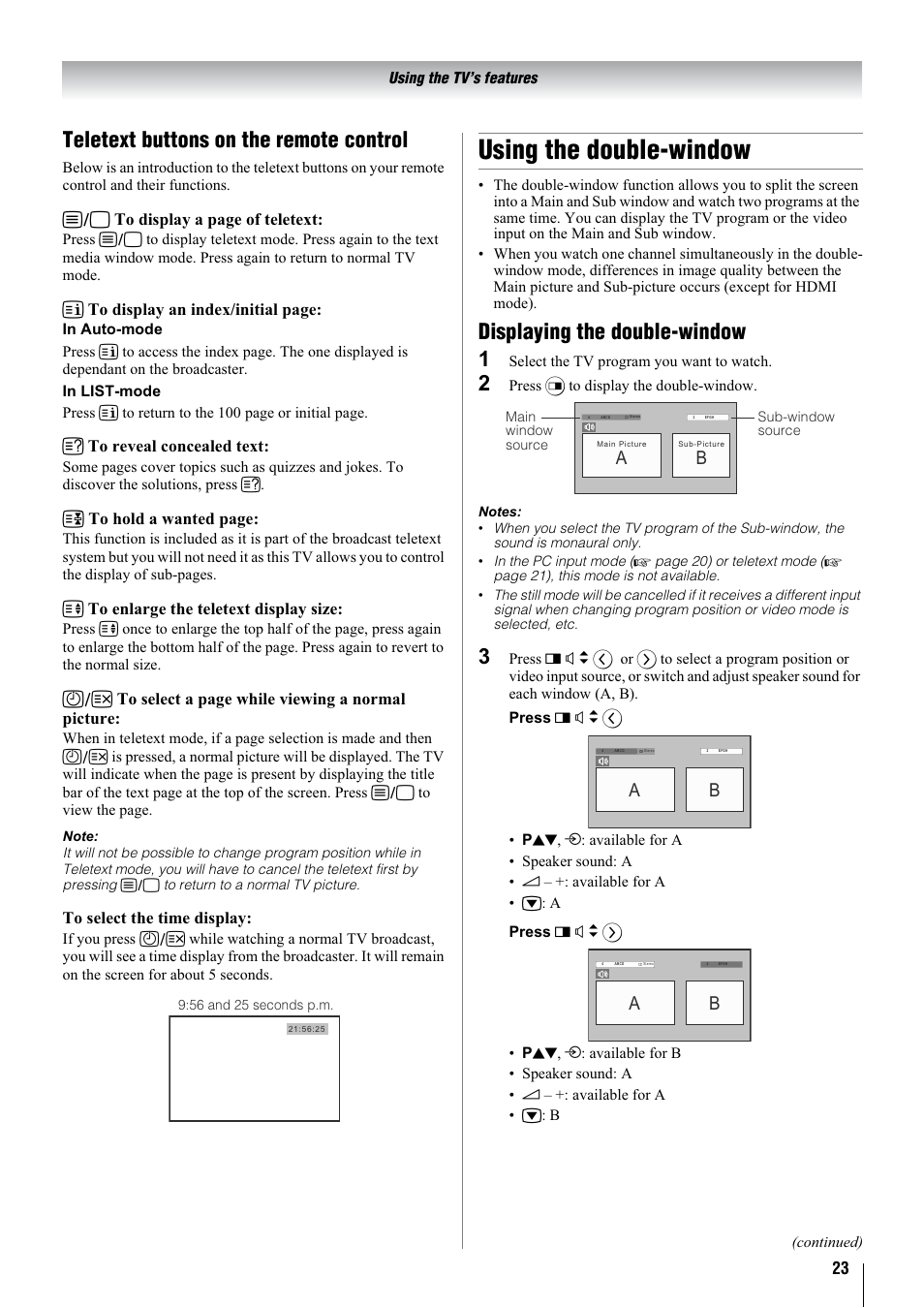 Using the double-window, Teletext buttons on the remote control, Displaying the double-window 1 | E to display a page of teletext, K to display an index/initial page, A to reveal concealed text, B to hold a wanted page, C to enlarge the teletext display size, D to select a page while viewing a normal picture | Toshiba 32WL68A User Manual | Page 23 / 32