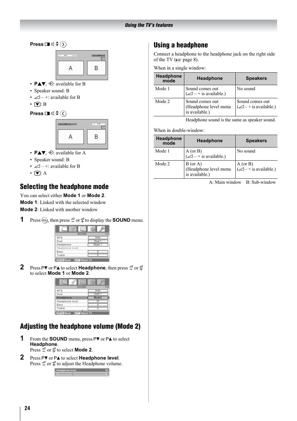 Selecting the headphone mode, Adjusting the headphone volume (mode 2) 1, Using a headphone | Toshiba 32WL68A User Manual | Page 24 / 32