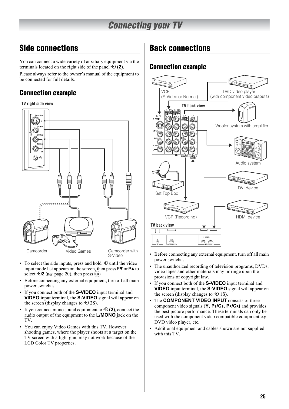 Connecting your tv, Side connections, Back connections | Connection example | Toshiba 32WL68A User Manual | Page 25 / 32