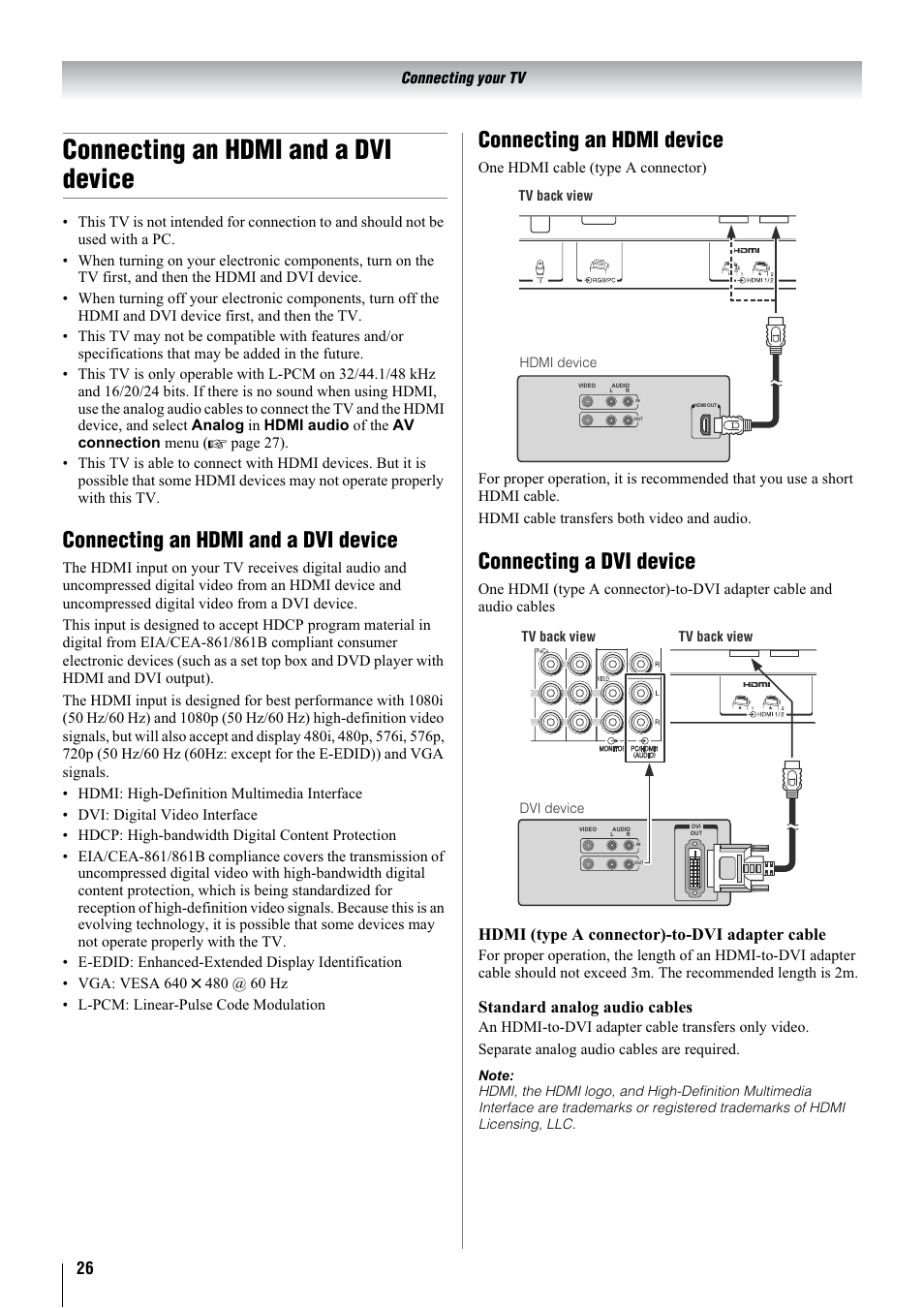 Connecting an hdmi and a dvi device, Connecting an hdmi device, Connecting a dvi device | Hdmi (type a connector)-to-dvi adapter cable, Standard analog audio cables | Toshiba 32WL68A User Manual | Page 26 / 32