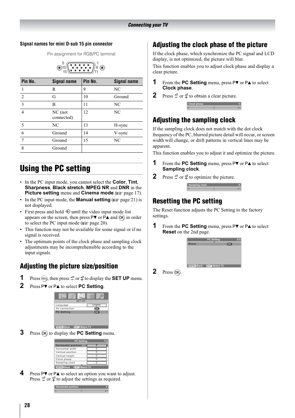 Using the pc setting, Adjusting the picture size/position 1, Adjusting the clock phase of the picture | Adjusting the sampling clock, Resetting the pc setting | Toshiba 32WL68A User Manual | Page 28 / 32