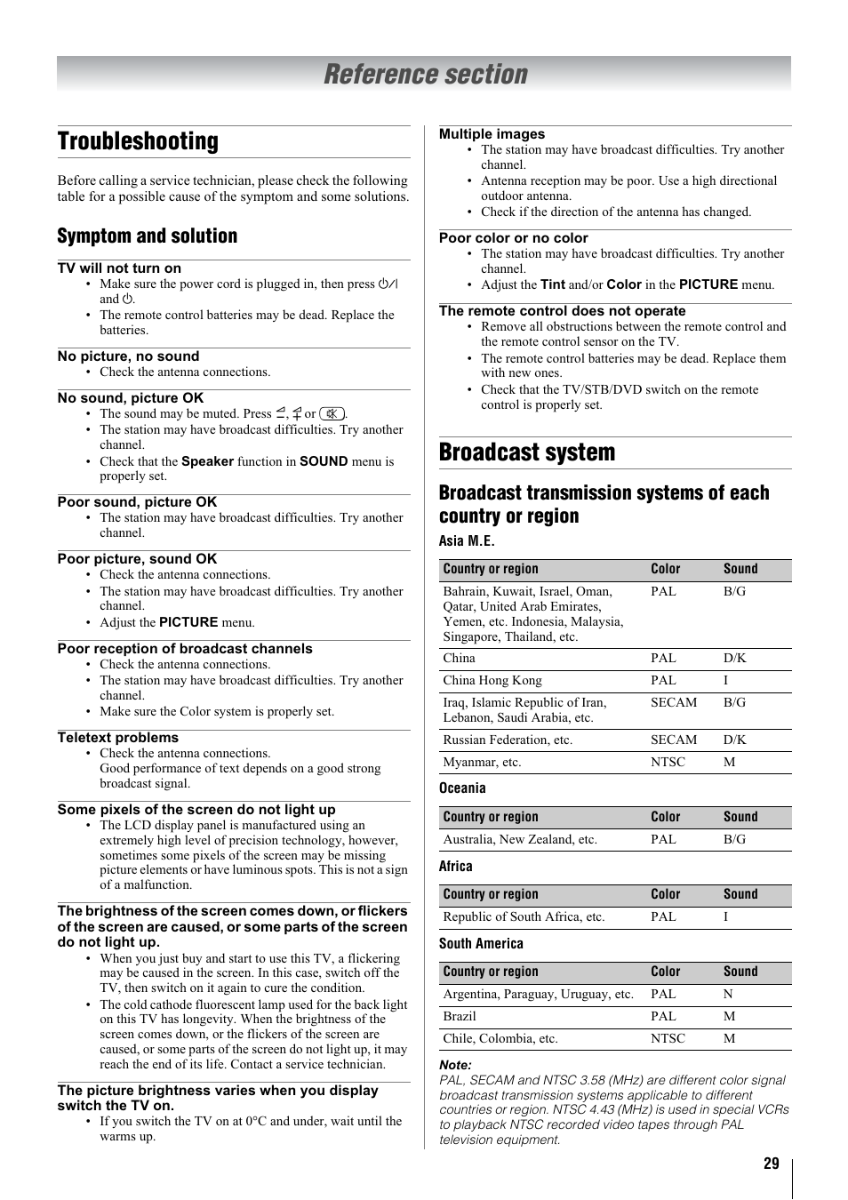 Troubleshooting, Broadcast system, Symptom and solution | Toshiba 32WL68A User Manual | Page 29 / 32