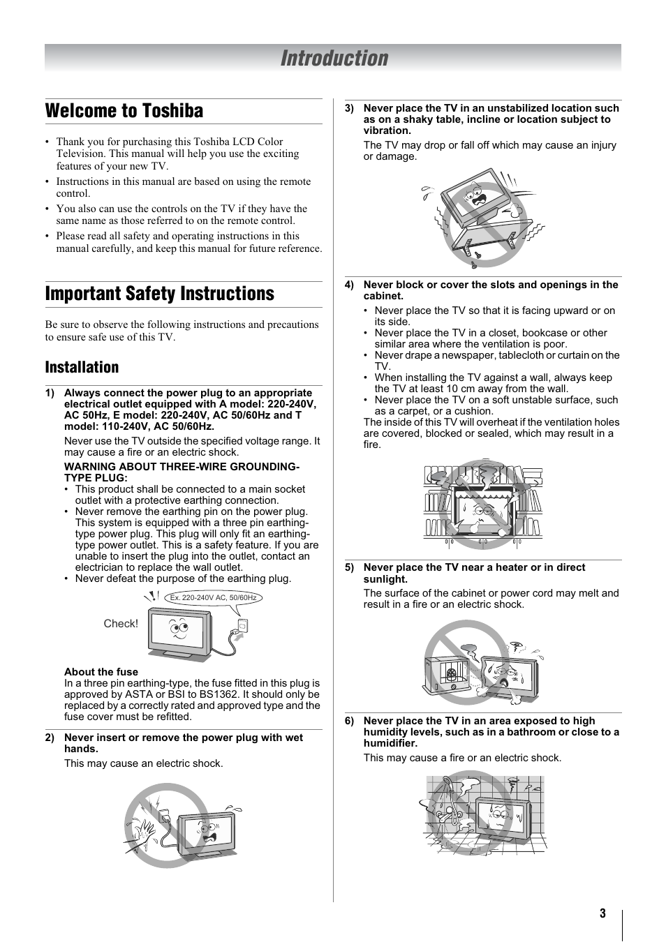 Introduction, Welcome to toshiba, Important safety instructions | Installation | Toshiba 32WL68A User Manual | Page 3 / 32