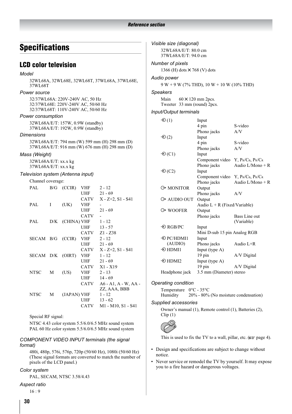 Specifications, Lcd color television | Toshiba 32WL68A User Manual | Page 30 / 32