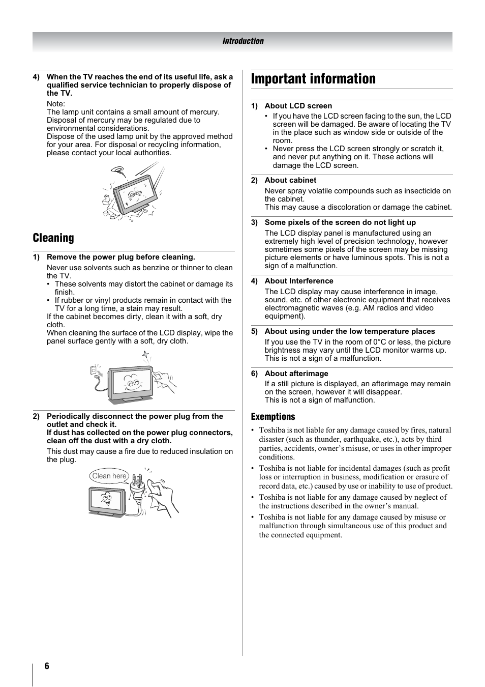 Important information, Cleaning | Toshiba 32WL68A User Manual | Page 6 / 32