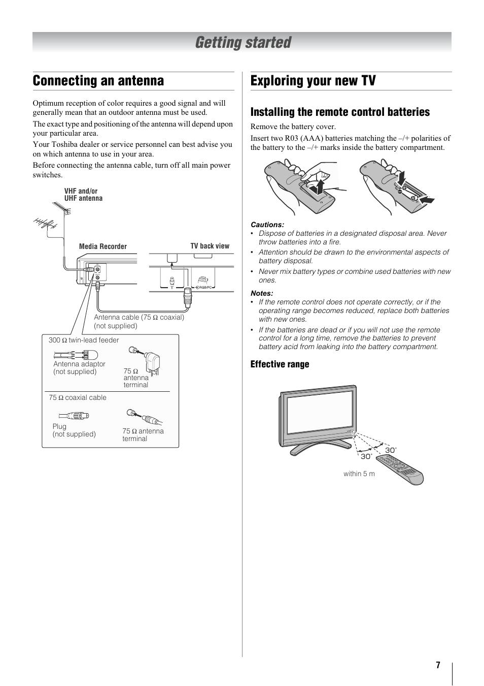 Getting started, Connecting an antenna, Exploring your new tv | Installing the remote control batteries | Toshiba 32WL68A User Manual | Page 7 / 32
