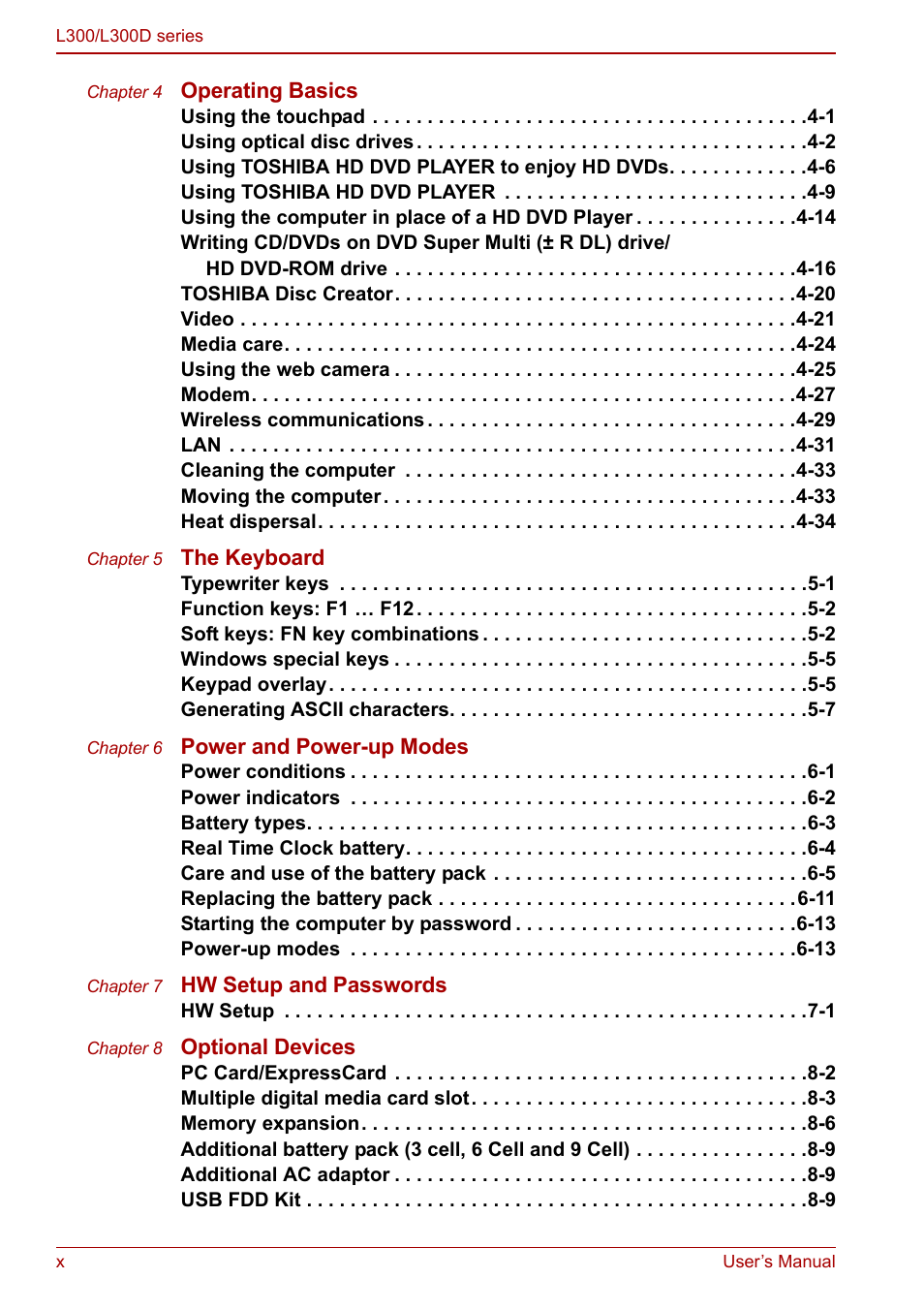 Toshiba Computer L300 User Manual | Page 10 / 186