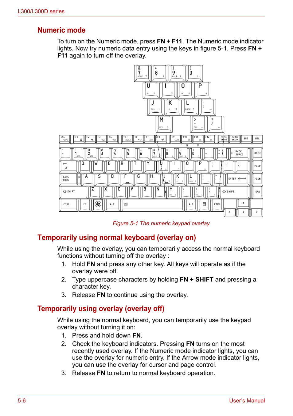 Numeric mode, Temporarily using normal keyboard (overlay on), Temporarily using overlay (overlay off) | Toshiba Computer L300 User Manual | Page 100 / 186