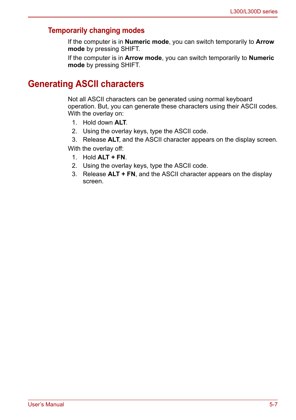 Generating ascii characters, Generating ascii characters -7, Temporarily changing modes | Toshiba Computer L300 User Manual | Page 101 / 186