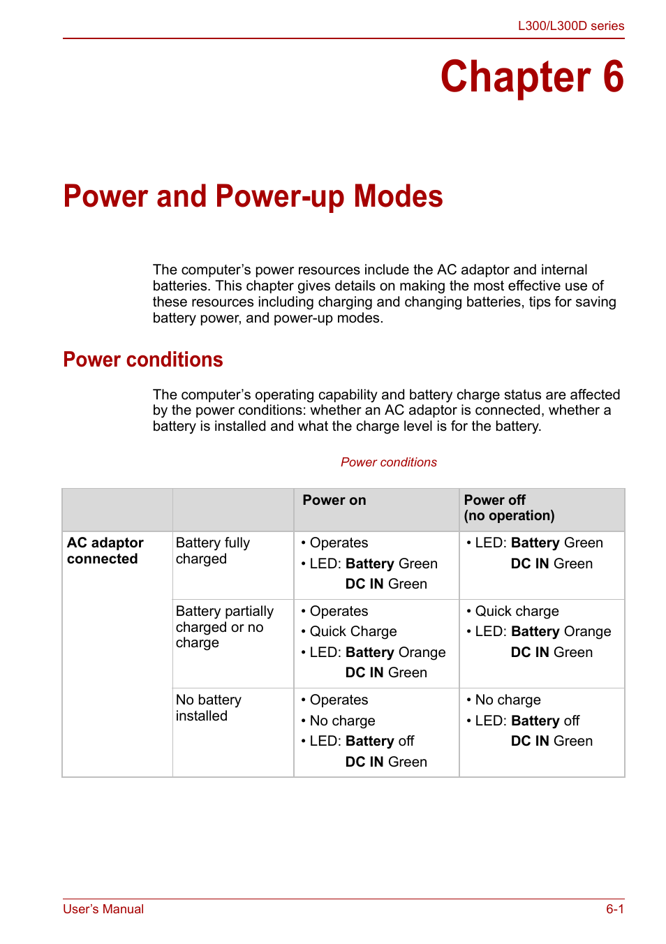 Chapter 6 - power and power-up modes, Power conditions, Chapter 6 | Power and power-up modes, Power conditions -1 | Toshiba Computer L300 User Manual | Page 103 / 186