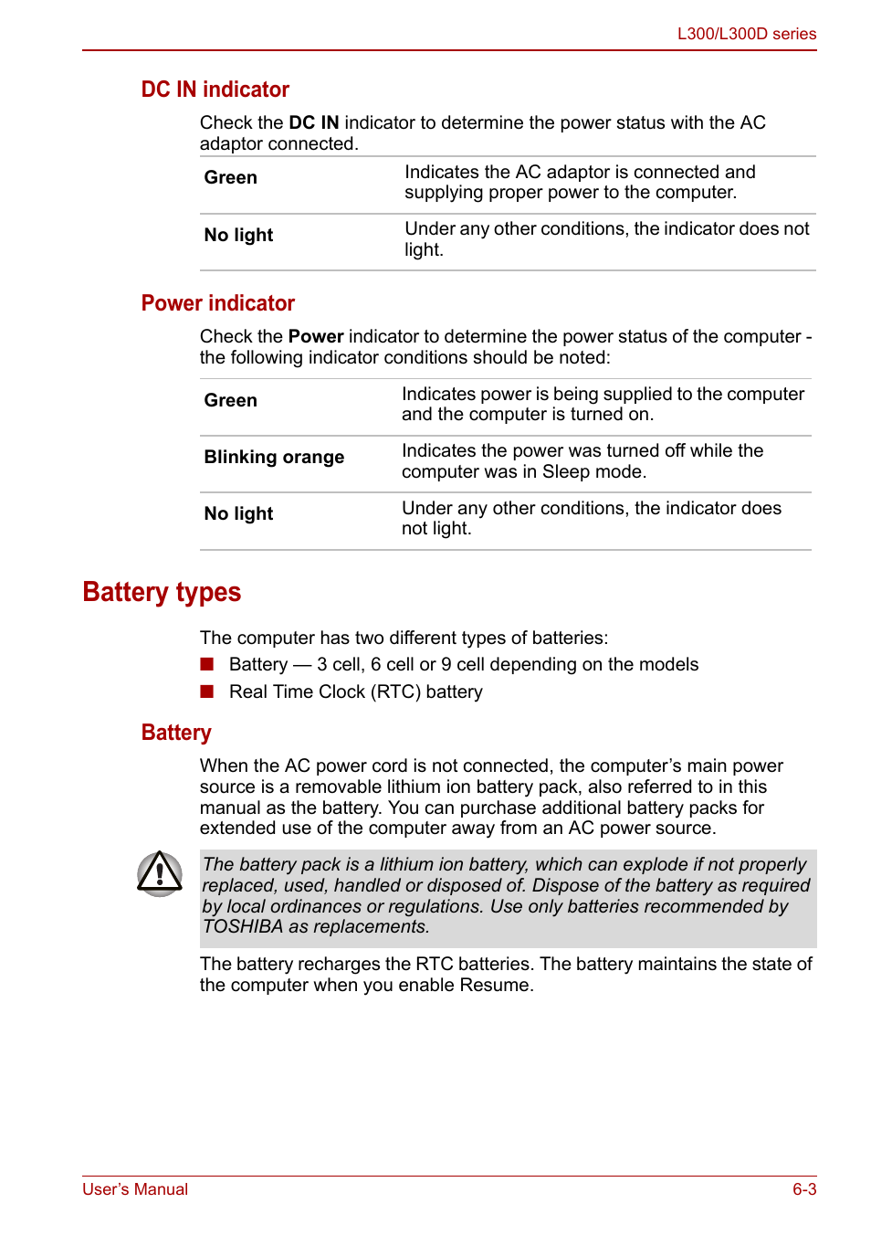 Battery types, Battery types -3, Dc in indicator | Power indicator, Battery | Toshiba Computer L300 User Manual | Page 105 / 186