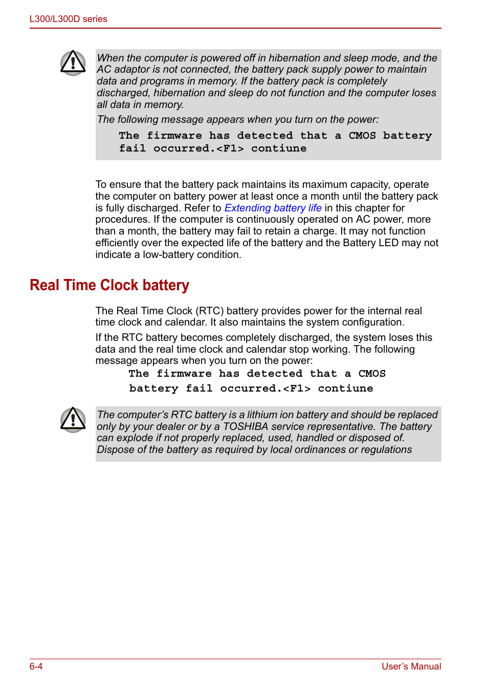 Real time clock battery, Real time clock battery -4 | Toshiba Computer L300 User Manual | Page 106 / 186