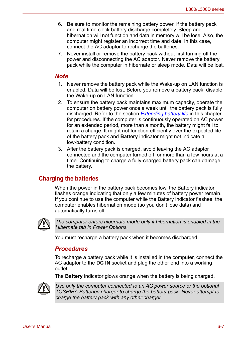 Charging the batteries | Toshiba Computer L300 User Manual | Page 109 / 186