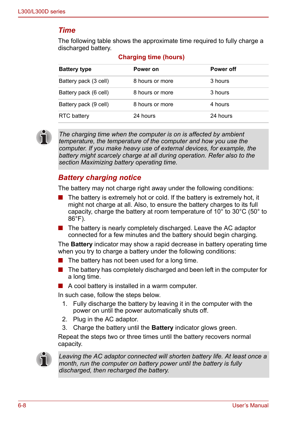 Time, Battery charging notice | Toshiba Computer L300 User Manual | Page 110 / 186