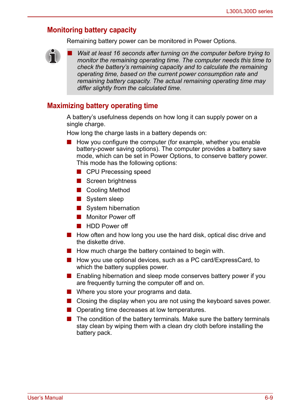 Monitoring battery capacity, Maximizing battery operating time | Toshiba Computer L300 User Manual | Page 111 / 186