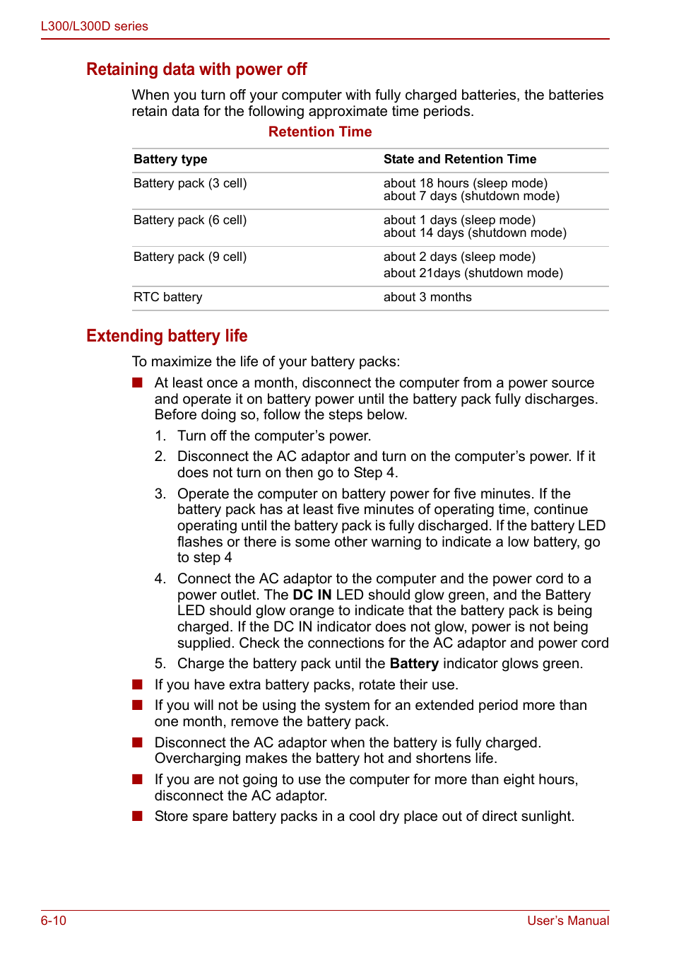 Retaining data with power off, Extending battery life | Toshiba Computer L300 User Manual | Page 112 / 186