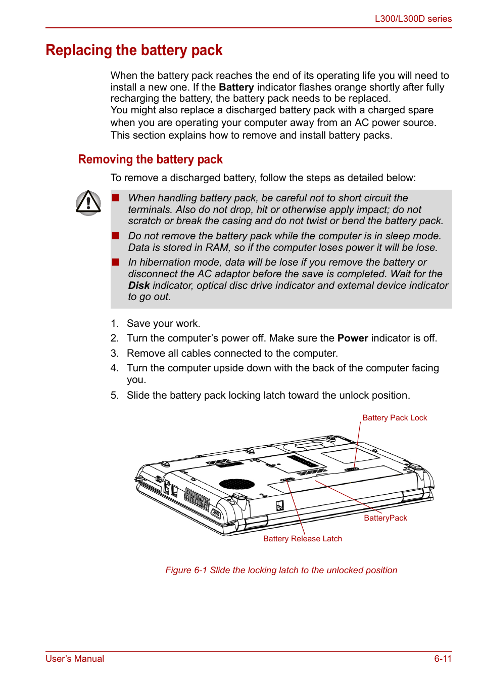 Replacing the battery pack, Replacing the battery pack -11, Removing the battery pack | Toshiba Computer L300 User Manual | Page 113 / 186