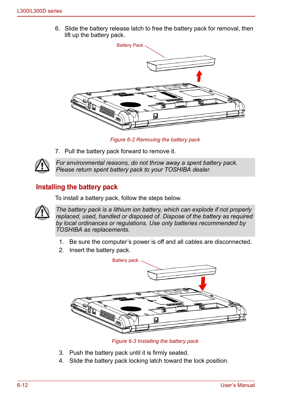 Installing the battery pack | Toshiba Computer L300 User Manual | Page 114 / 186