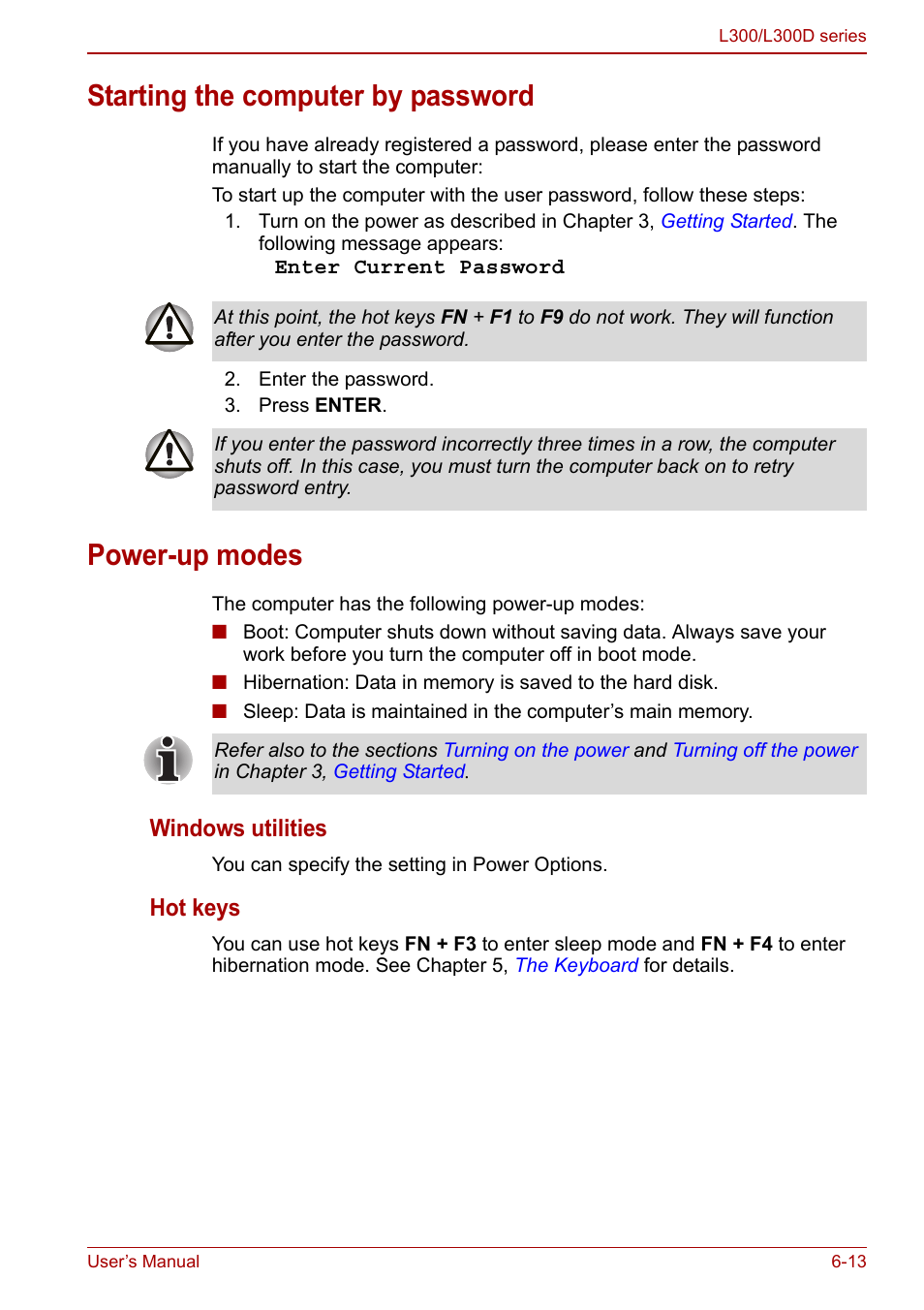 Starting the computer by password, Power-up modes | Toshiba Computer L300 User Manual | Page 115 / 186