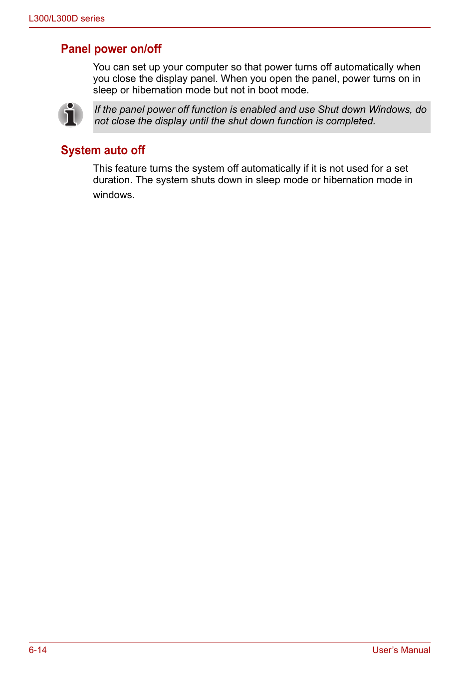 Panel power on/off, System auto off | Toshiba Computer L300 User Manual | Page 116 / 186