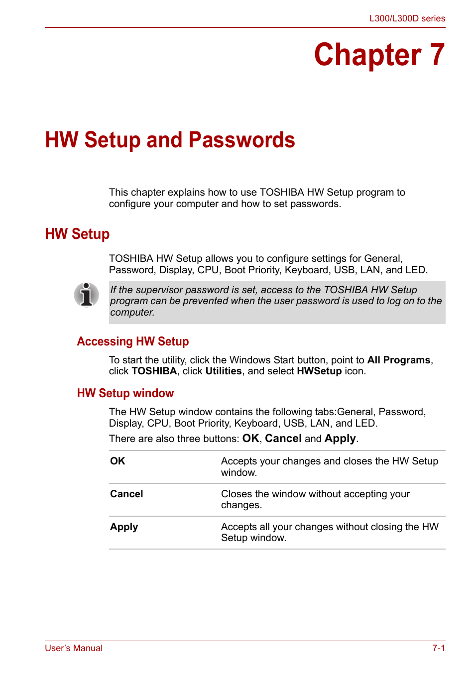 Chapter 7 - hw setup and passwords, Hw setup, Chapter 7 | Hw setup and passwords, Hw setup -1, Hw setup and, Passwords | Toshiba Computer L300 User Manual | Page 117 / 186