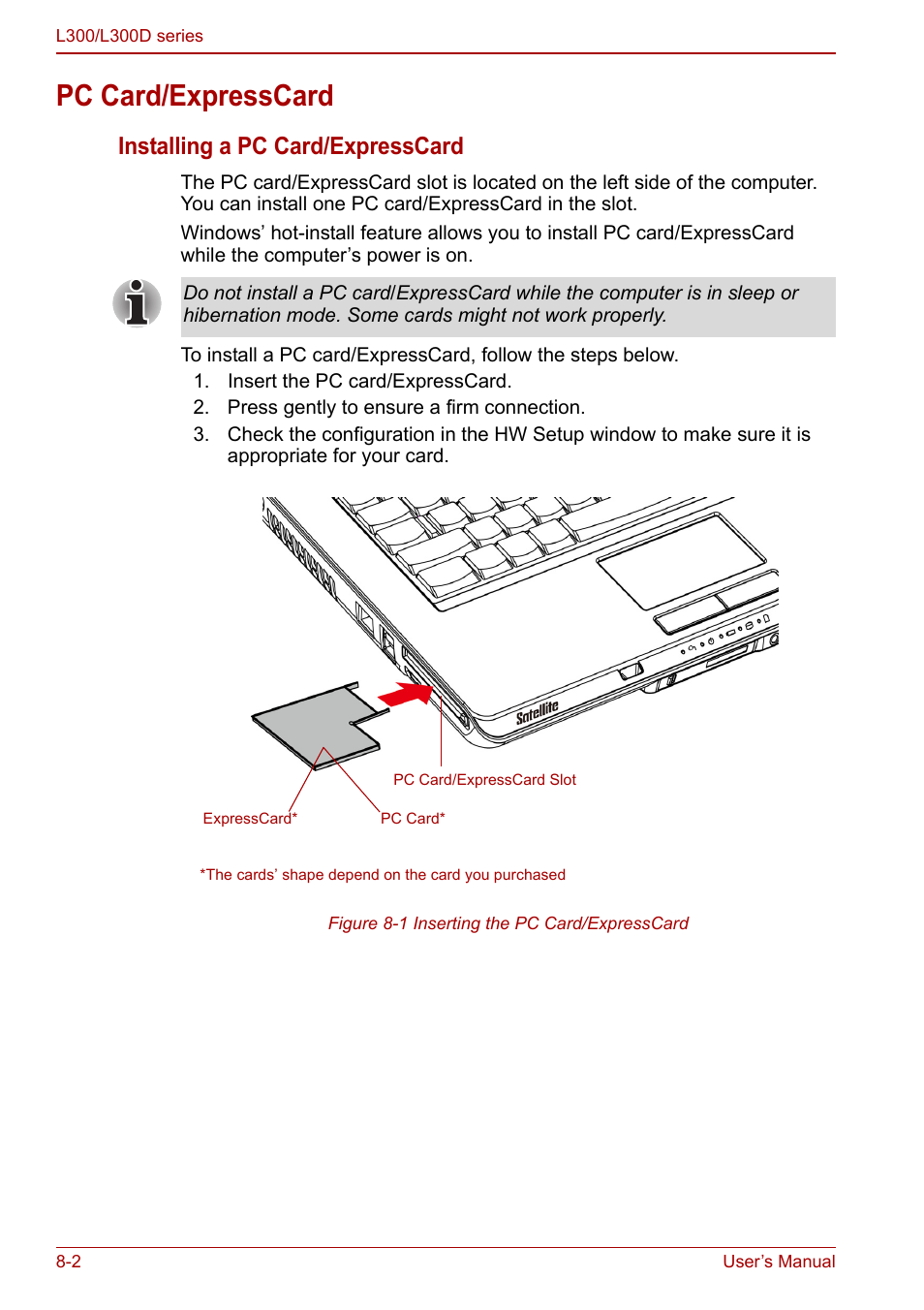 Pc card/expresscard, Pc card/expresscard -2, Installing a pc card/expresscard | Toshiba Computer L300 User Manual | Page 124 / 186