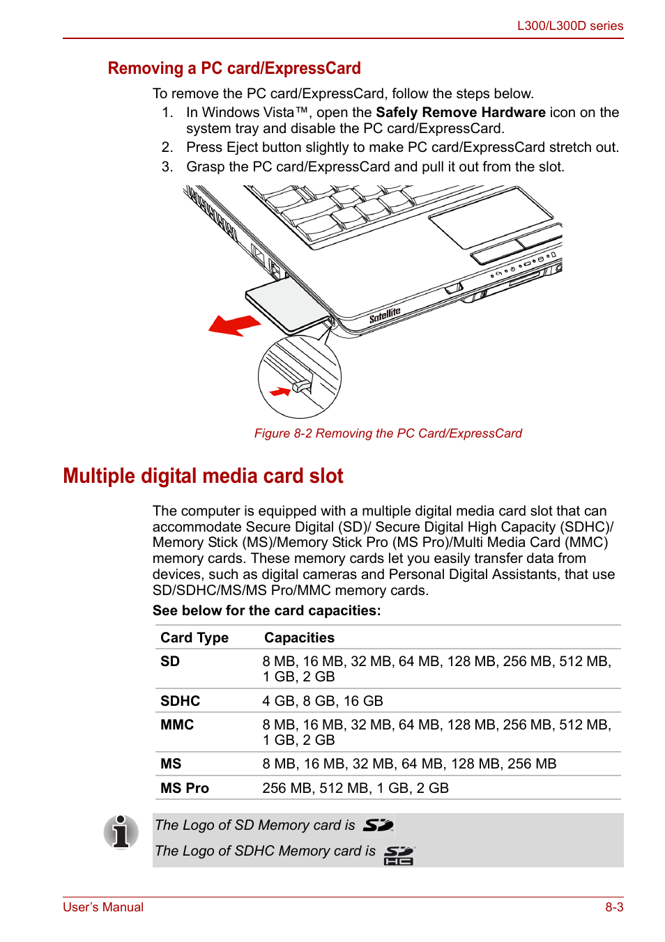 Multiple digital media card slot, Multiple digital media card slot -3, Removing a pc card/expresscard | Toshiba Computer L300 User Manual | Page 125 / 186