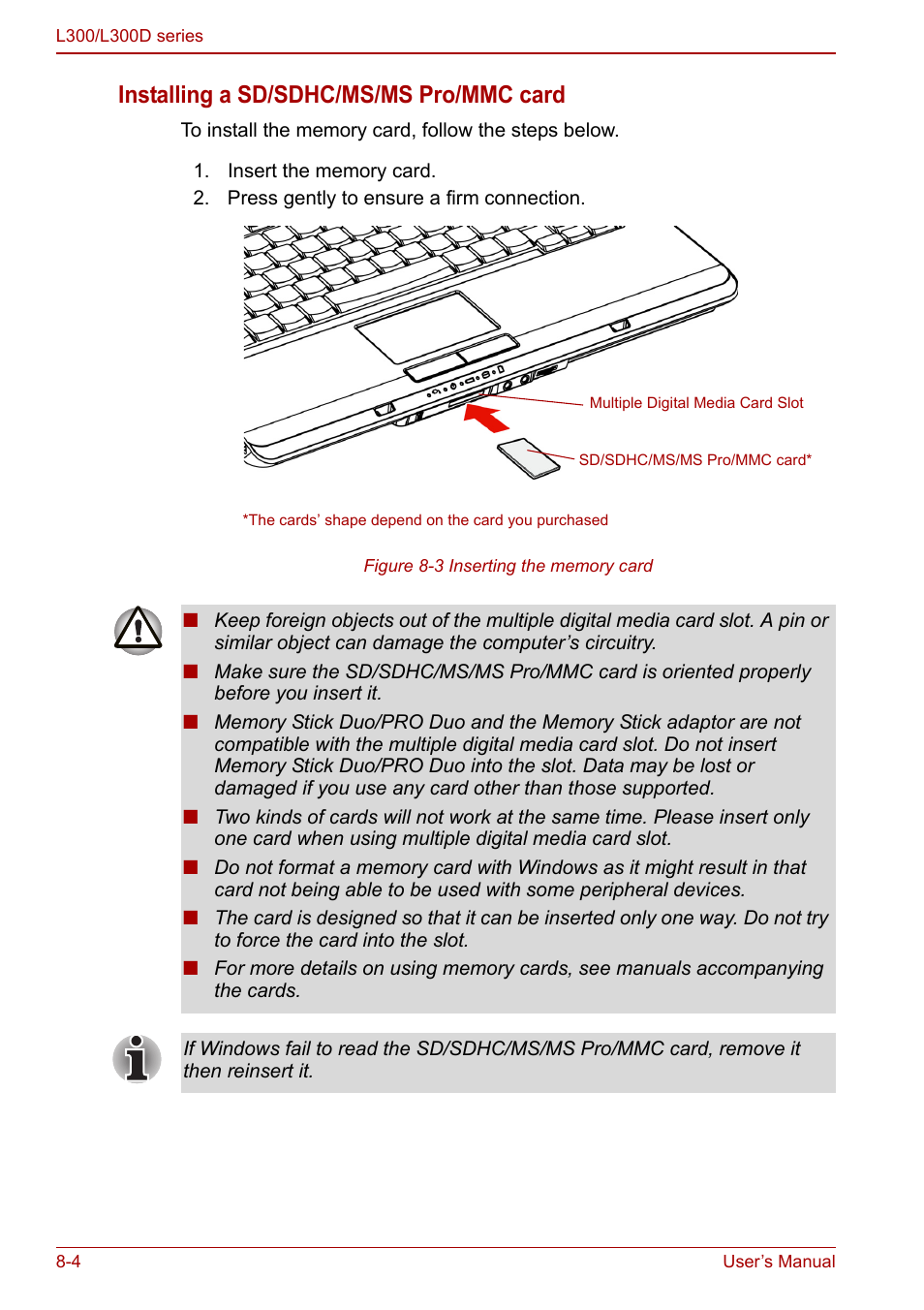 Installing a sd/sdhc/ms/ms pro/mmc card | Toshiba Computer L300 User Manual | Page 126 / 186