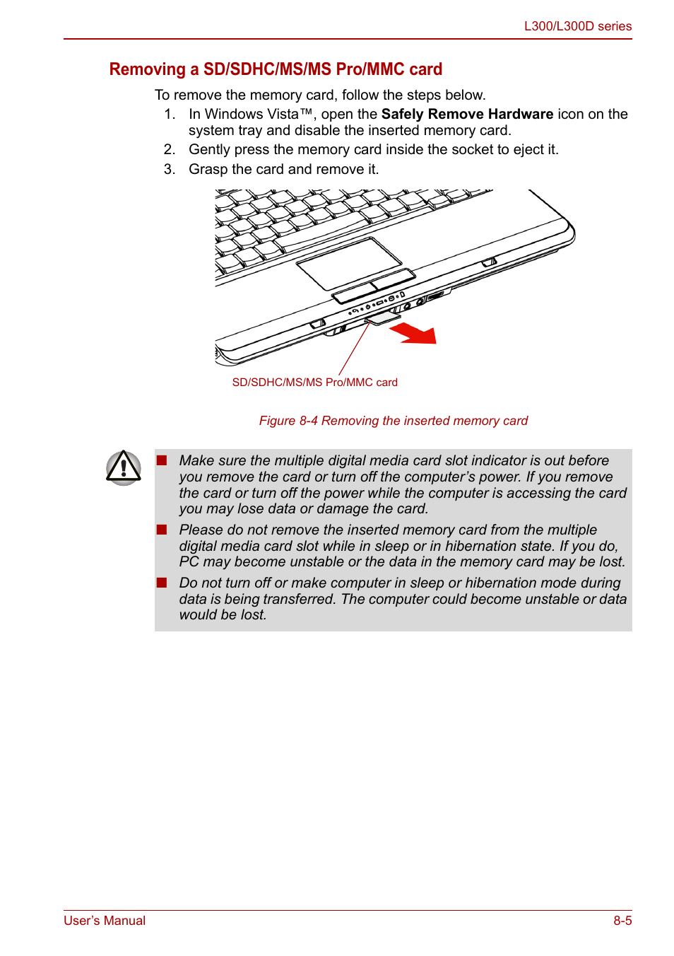 Removing a sd/sdhc/ms/ms pro/mmc card | Toshiba Computer L300 User Manual | Page 127 / 186