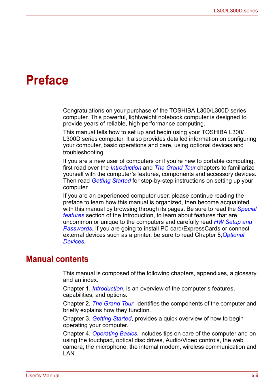 Preface, Manual contents | Toshiba Computer L300 User Manual | Page 13 / 186