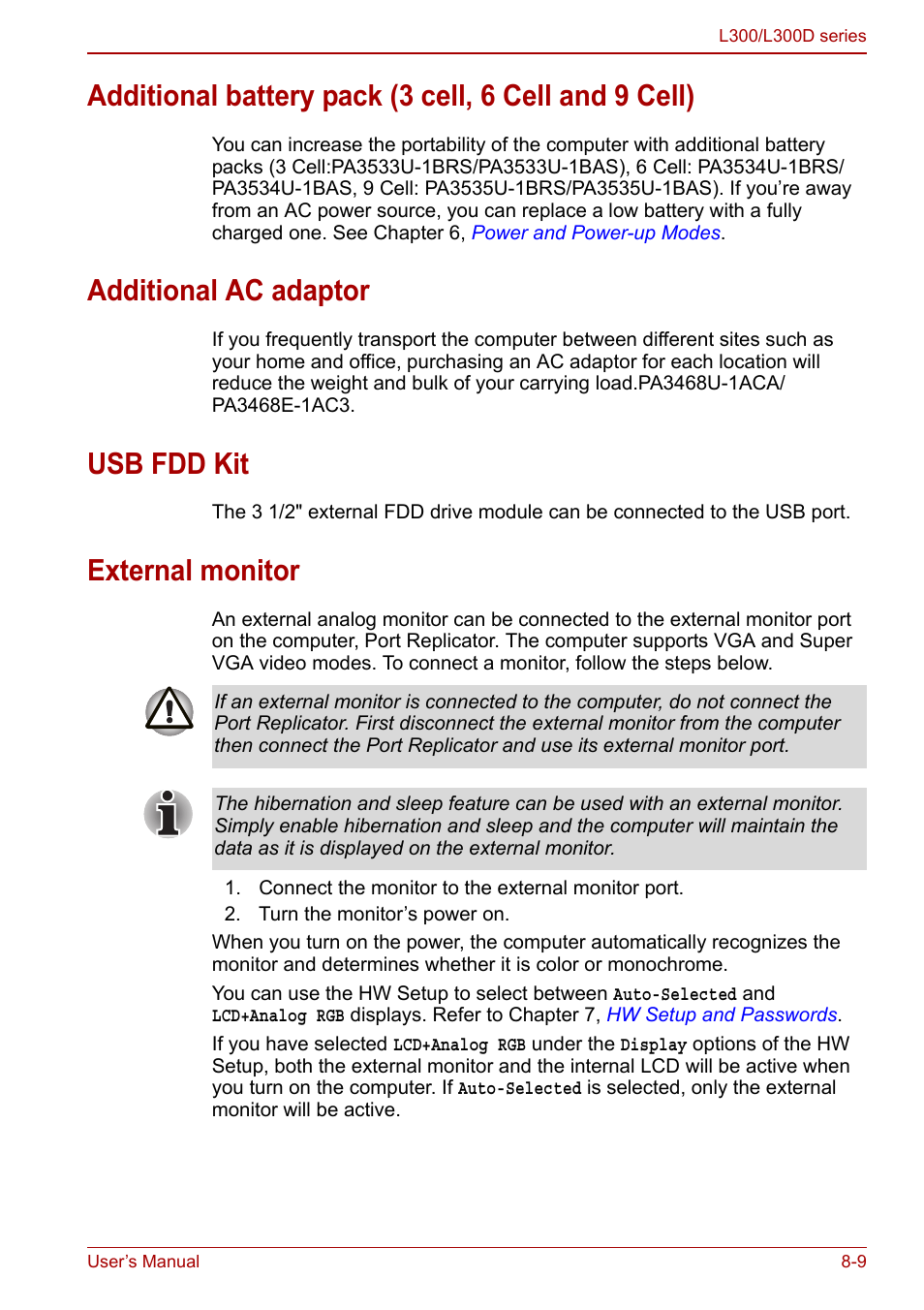 Additional ac adaptor, Usb fdd kit, External monitor | External monitor -9 | Toshiba Computer L300 User Manual | Page 131 / 186