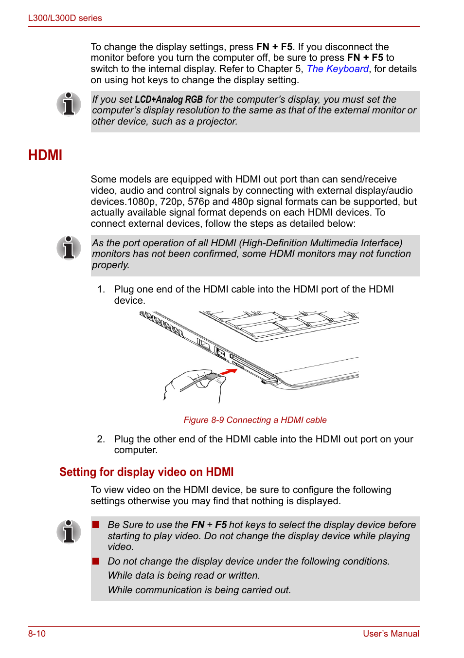 Hdmi, Hdmi -10, Setting for display video on hdmi | Toshiba Computer L300 User Manual | Page 132 / 186