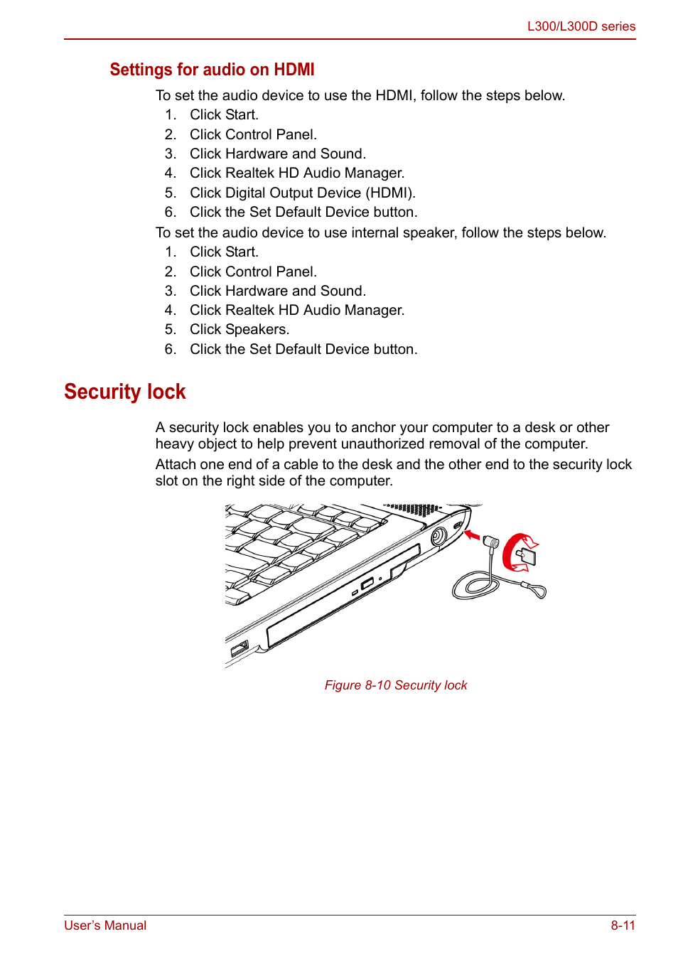 Security lock, Security lock -11, Settings for audio on hdmi | Toshiba Computer L300 User Manual | Page 133 / 186