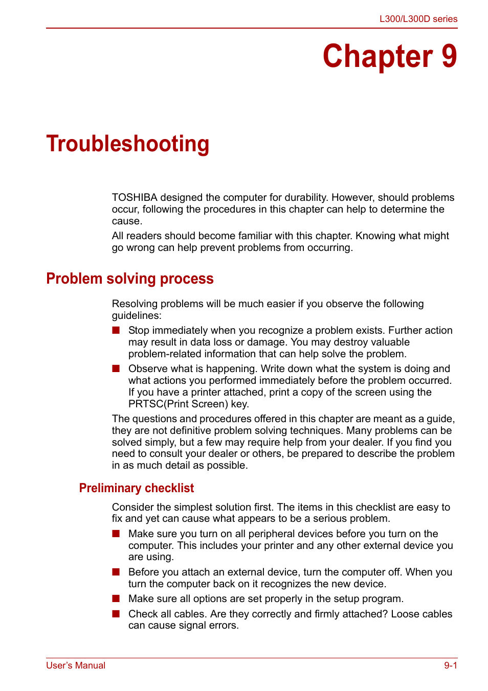 Chapter 9 - troubleshooting, Problem solving process, Chapter 9 | Troubleshooting, Problem solving process -1 | Toshiba Computer L300 User Manual | Page 135 / 186