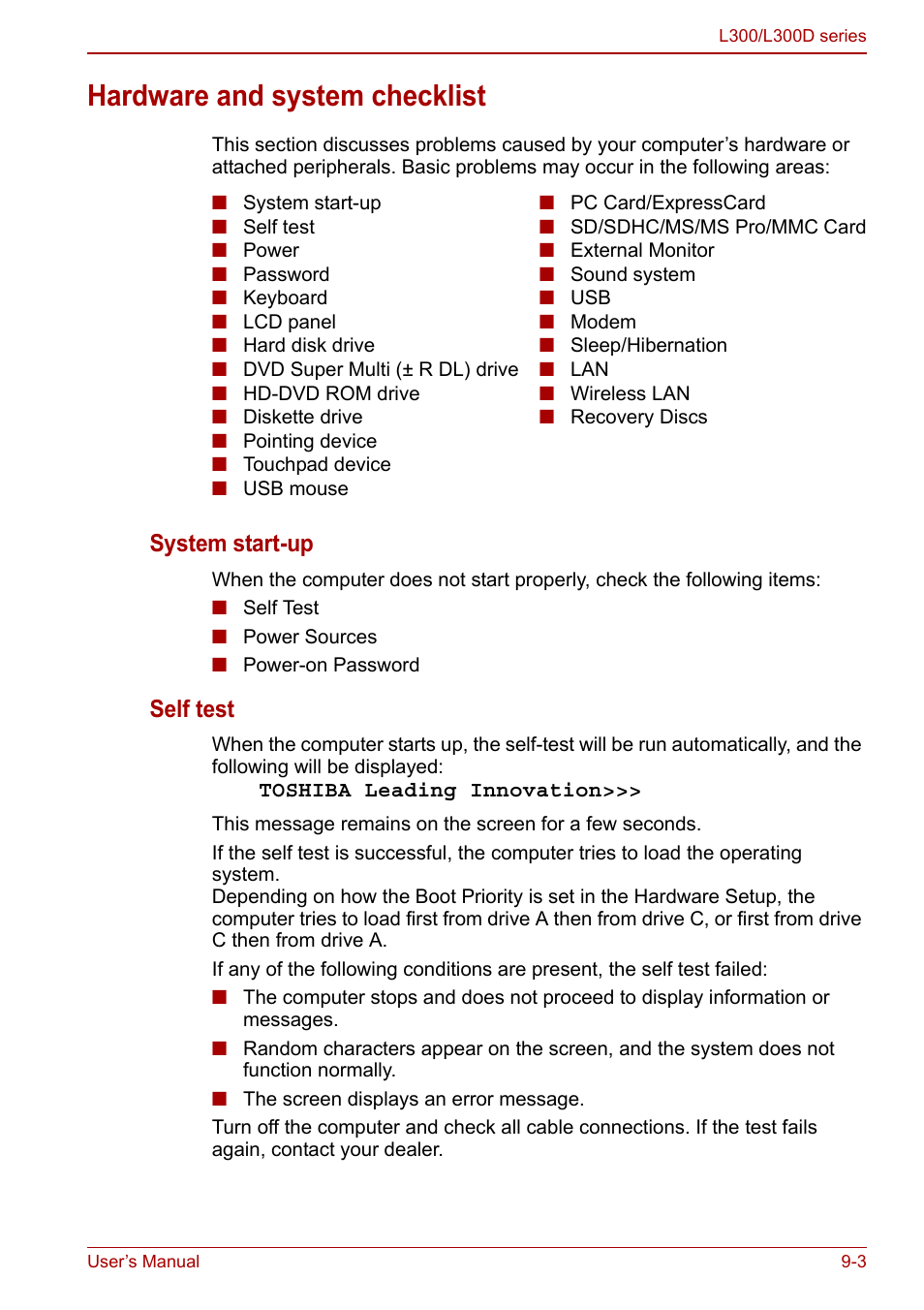 Hardware and system checklist, Hardware and system checklist -3, System start-up | Self test | Toshiba Computer L300 User Manual | Page 137 / 186