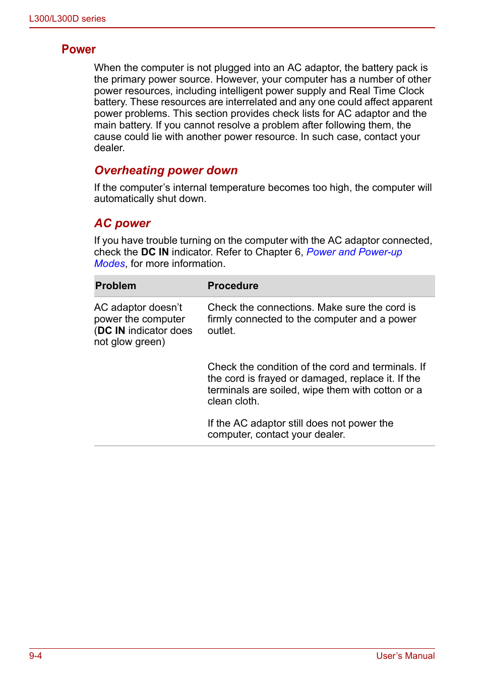 Power | Toshiba Computer L300 User Manual | Page 138 / 186