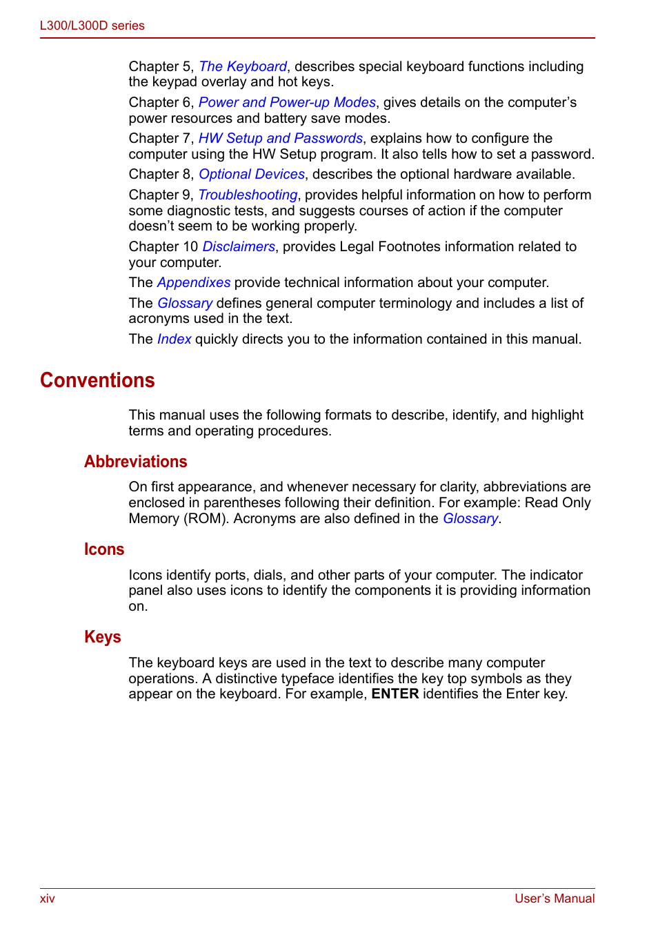 Conventions, Abbreviations, Icons | Keys | Toshiba Computer L300 User Manual | Page 14 / 186