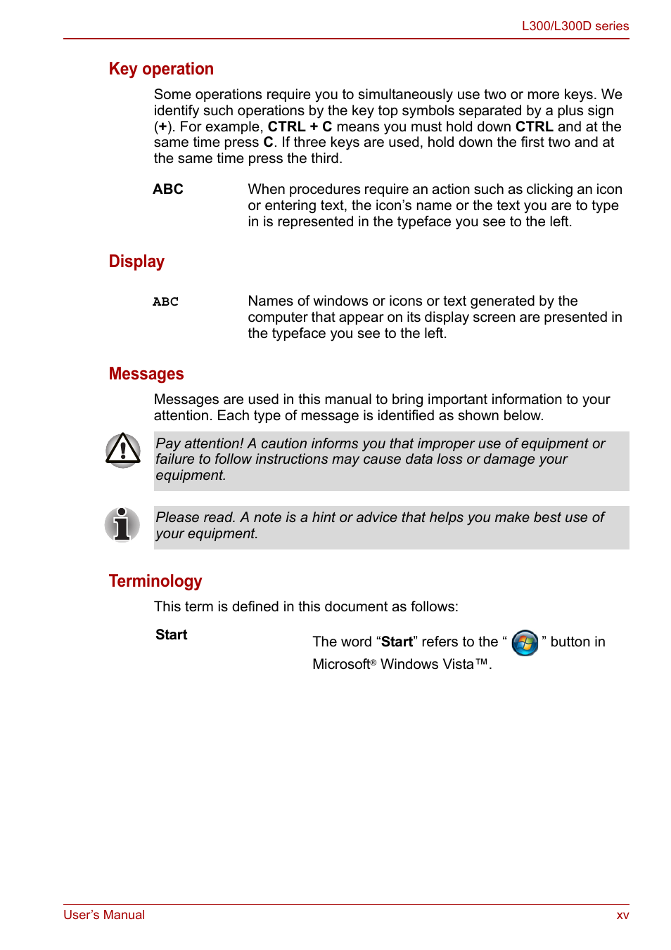 Key operation, Display messages, Terminology | Toshiba Computer L300 User Manual | Page 15 / 186