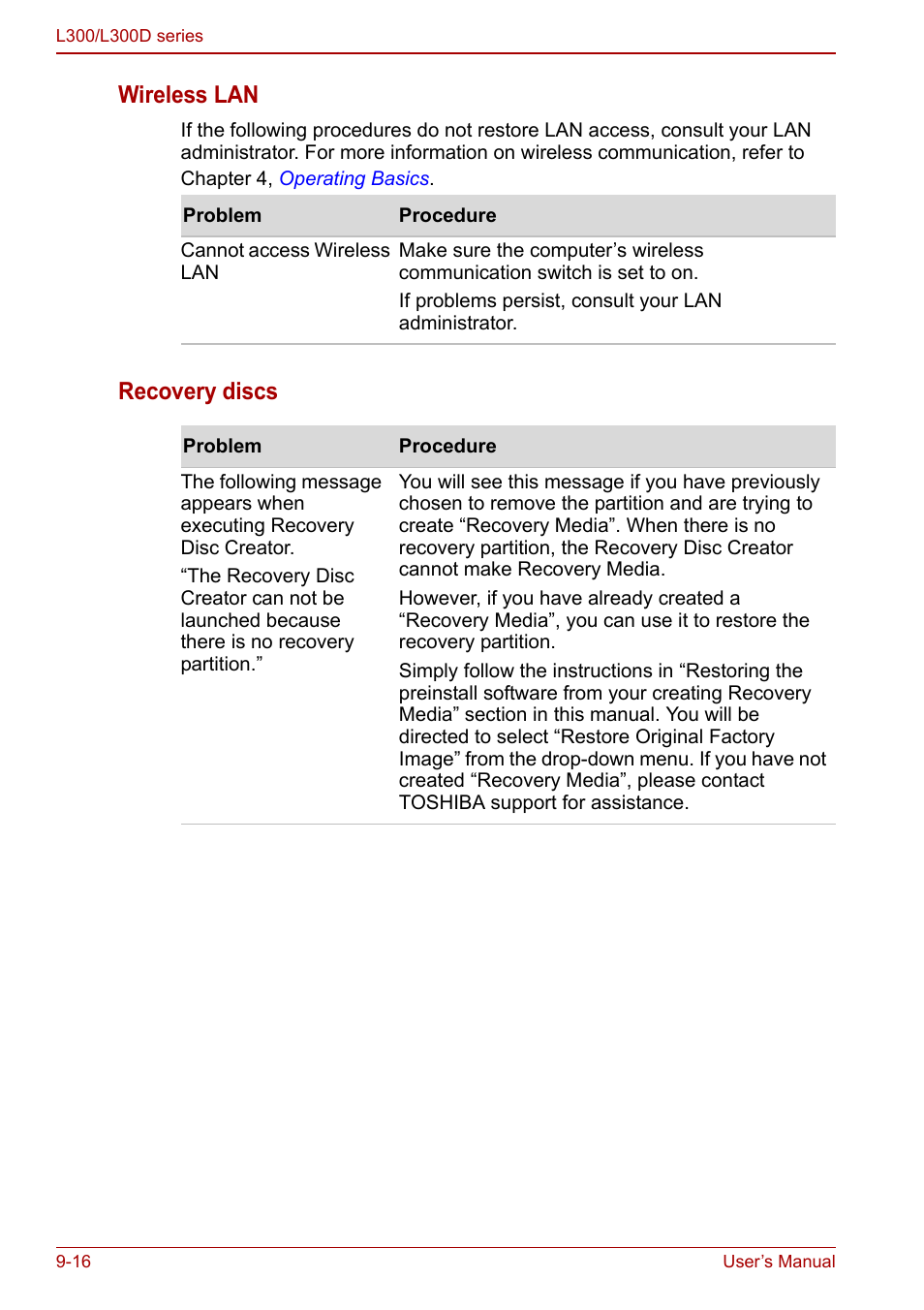 Wireless lan, Recovery discs | Toshiba Computer L300 User Manual | Page 150 / 186